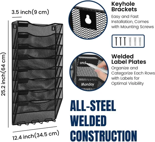 Vista 3 de Flexzion Organizador de archivos de pared, soporte de malla para colgar archivos, revisteros, organizador de archivos colgante de metal, multiusos