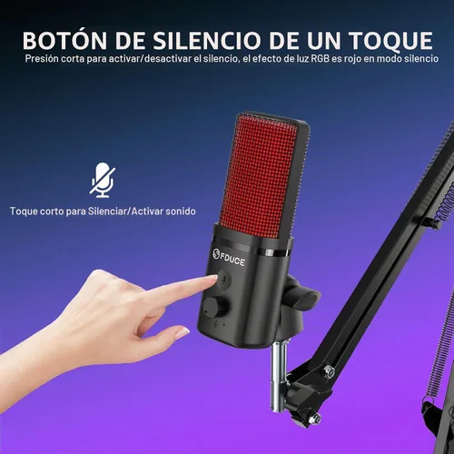 Vista 5 de FDUCE Micrófono USB para juegos RGB, micrófono condensador con silencio, ganancia, monitoreo, brazo de boom para transmisión, podcast, Twitch