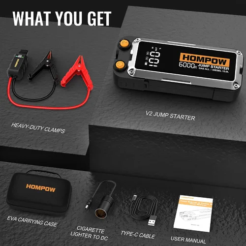 Vista 8 de HOMPOW 6000A Arrancador de Coche Portátil, Paquete de Batería de Arranque de Coche para Todos los Motores de Gasolina y hasta 12L de Motor Diésel