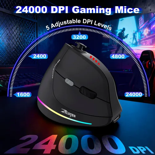 Vista 2 de TRELC Mouse inalámbrico para juegos con balancín 5 D, 24000 DPI/11 botones programables, mouse ergonómico para conexión de 2 dispositivos