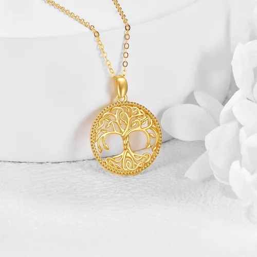 Vista 3 de KECHO Collar con colgante de árbol de la vida de oro amarillo de 14 quilates para mujer, joyería fina para árbol genealógico, Yellow Gold, Circonia