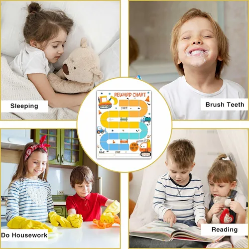 Vista 3 de Tabla de recompensas temáticas de construcción, 10 tablas de comportamiento para niños con 216 calcomanías redondas, tabla de responsabilidad