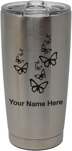 Vista 34 de LaserGram Vaso aislado al vacío de 20 onzas, mariposas, grabado personalizado incluido (negro)