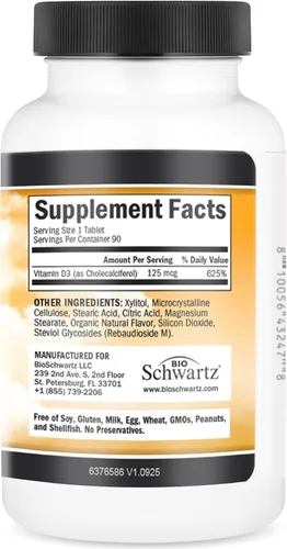 Vista 8 de BioSchwartz Vitamin D3 5000 IU (125 mcg) Chewable Tablets - Immune Support, Bone Strength, Healthy Muscle Function - Gluten-Free and Non-GMO