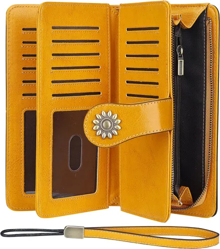 Vista 3 de Lavemi - Cartera de piel con bloqueo RFID para mujer, de gran capacidad, para llevarla a la muñeca