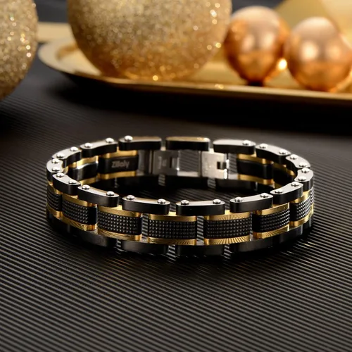 Vista 4 de Zillaly Pulsera de acero inoxidable de dos tonos con eslabones cuadrados de diamantes para hombre en negro y azul ionizado negro