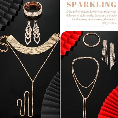 Vista 7 de MTLEE Juego de 6 piezas de joyería de cristal para mujer, gargantilla con capas de diamantes de imitación, collares largos con borlas, pulseras