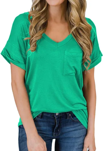 Vista 18 de Miholl Camiseta holgada, informal, de manga corta, con cuello en V, para mujer Blanco (02 White)
