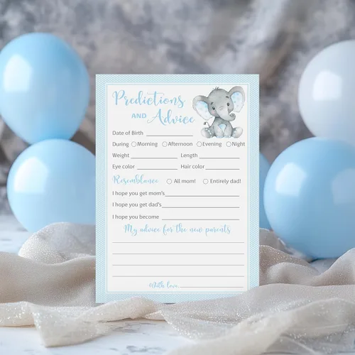 Vista 4 de Blue Elephant - Tarjetas de predicción y consejos – Paquete de 25 – Juegos de baby shower para niños, nuevos padres, mamá y papá futuros, mensaje