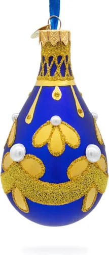 Vista 4 de Patrón de oro en azul Waterdrop Finial Glass Christmas Ornament