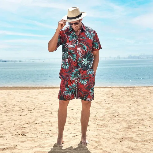 Vista 3 de Camisa hawaiana de 2 piezas para hombre, camisa casual de manga corta con botones
