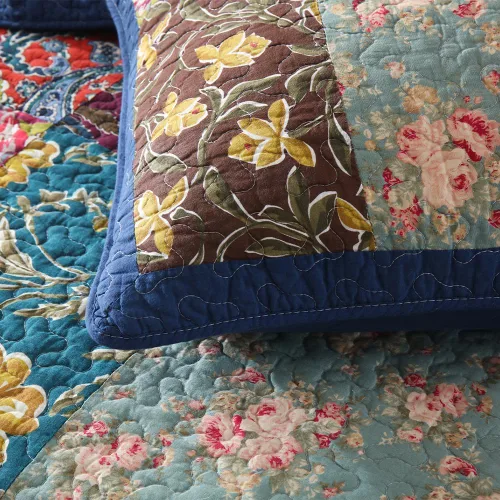 Vista 5 de VISIMISI - Juego de colcha de algodón, juego de cubrecama reversible de retazos, 3 piezas, diseño vintage floral de mosaico azul, tamaño queen