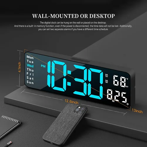 Vista 3 de Reloj digital, reloj de pared digital para decoración de sala de estar, reloj de mesa con alarma para dormitorio, reloj de pared grande con control