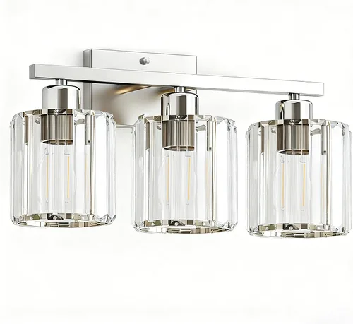 Vista 8 de GOLSPARK Modern Crystal Bathroom Vanity Light, Brushed Nickel Bathroom Lighting fixtures Over Mirror, 3-Light Vanity Light Fixtures, E26 Base Round