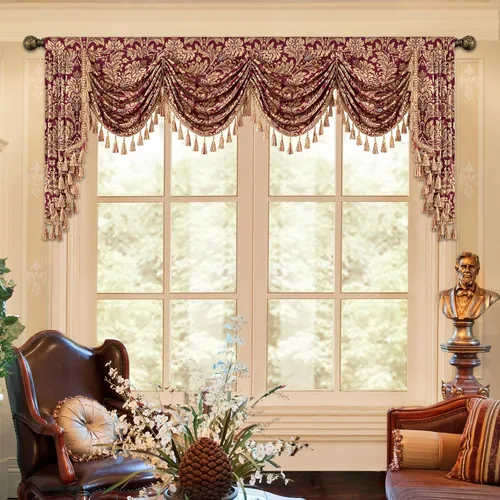 Vista 48 de Loom and Mill Cenefa de cascada de lujo de jacquard para sala de estar, elegantes cenefas de ventana con festones y cuentas damascadas, cortinas