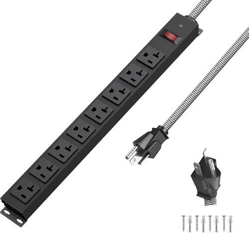 Vista 9 de Regleta de alimentación resistente de 20 amperios, 8 tomas de corriente, cable de extensión de 12 AWG, enchufe de ranura en T, protector