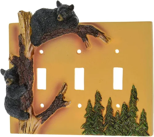 Vista 3 de Black Bear - Cubierta de triple interruptor para decoración del hogar, árbol de escalada de oso de vida silvestre, caza rústica con tornillos