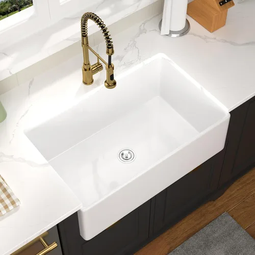 Vista 3 de Fregadero de 33 unidades de arcilla refractaria de 33 x 20 x 10 pulgadas, color blanco, fregadero de cocina de porcelana de cerámica, estilo casa