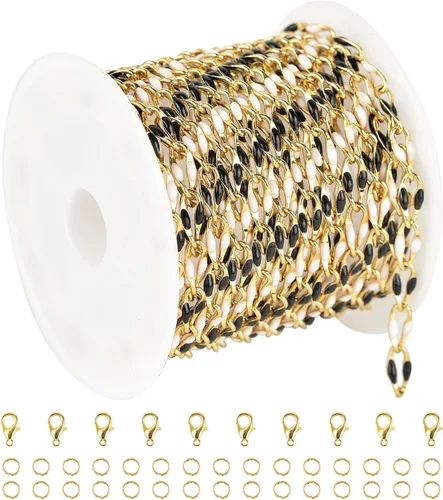 Vista 23 de Cadena de goteo de aceite negro para hacer joyas, carrete de cadena de eslabones de cable de latón chapado en oro con anillos abiertos y cierres