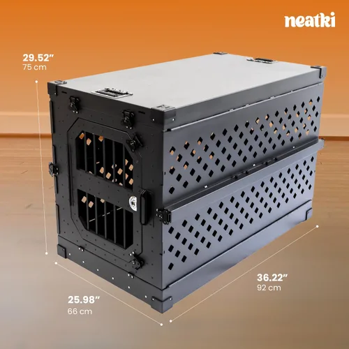 Vista 2 de Jaula plegable de 34 pulgadas para perros, de aluminio con recubrimiento en polvo con bloqueo seguro y bandeja extraíble, portátil para uso en Negro