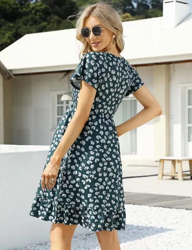 Vista 6 de Coolmee Vestido de maternidad de manga corta con volantes y cuello en V para mujer, vestido de verano casual fruncido fluido para baby shower