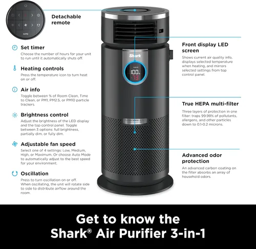 Vista 12 de Shark HC451 Purificador de aire 3-en-1 Clean Sense, calentador y ventilador, filtro HEPA, 500 pies cuadrados, oscilante, para habitación pequeña