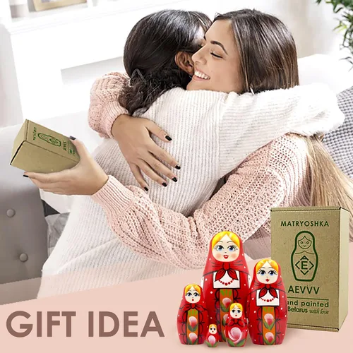 Vista 6 de AEVVV Juego de 5 muñecas de anidación rusas, muñecas Matryoshka con sarafan ruso rojo tradicional, muñecas Babushka, muñeca anidadora de madera