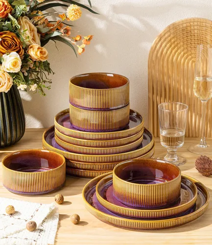Vista 4 de TheTerra Juego de vajilla de cerámica para 4, juego de 12 platos y cuencos ligeros de porcelana, resistente a los arañazos, apto para horno