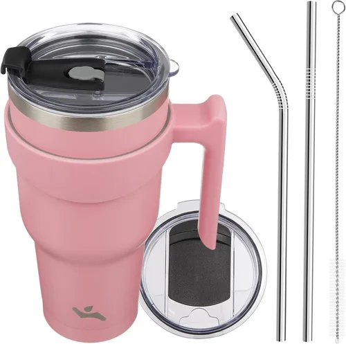 Vista 77 de Konokyo - Vaso de 10 onzas con asa y 2 popotes, 2 tapas, botella de agua aislada de acero inoxidable, taza de viaje reutilizable, color verde militar