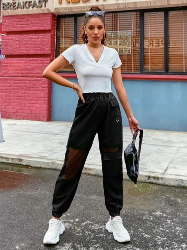 Vista 3 de Romwe - Pantalones de jogging para mujer pantalones cargo ligeros de tiro alto para senderismo