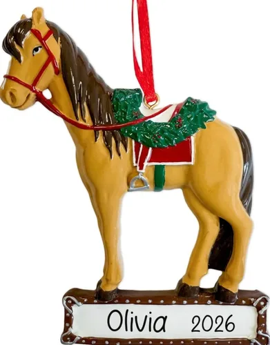 Vista 8 de Adorno de Navidad personalizado de caballo 2025 – Personalización gratuita Caballo marrón personalizado para árbol de Navidad – Regalo de jinete
