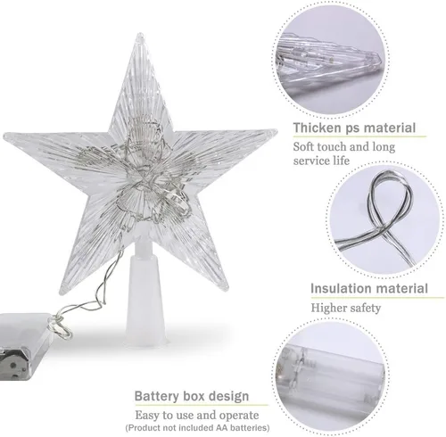 Vista 5 de Pequeño adorno para árbol de Navidad con estrella y luz LED de 15 cm, estrella para árbol de Navidad con diseño rústico, adorno festivo para árbol