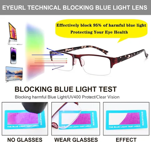 Vista 5 de EYEURL Paquete de 4 lentes de lectura con luz azul de medio marco para hombres, lectores rectangulares sin montura para mujeres, lentes de bisagra