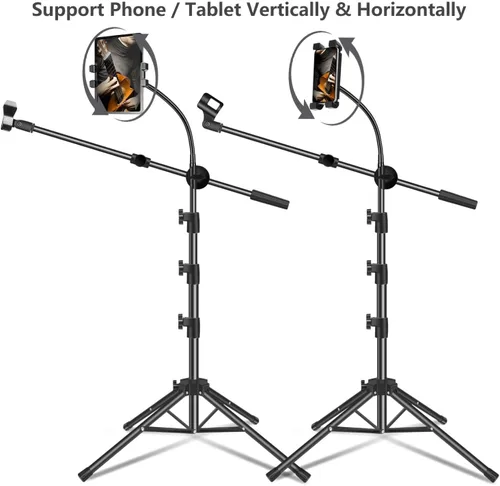 Vista 5 de Soporte para Micrófono, Soporte de Micrófono de Piso con Brazo Extensible y Soporte para Tableta y Teléfono, Altura Ajustable, Soporte de Cuatro