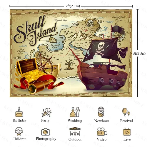 Vista 2 de KUBZT537 - Telón de fondo de fiesta pirata de 7 x 5 pies, fondo de mapa del tesoro pirata, suministros de cumpleaños para niños, decoración de baby
