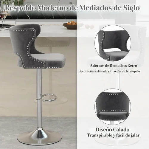 Vista 4 de Juego de 2 taburetes de bar giratorios de terciopelo gris, sillas Beige (dorado)