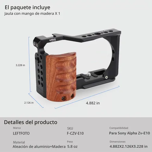 Vista 8 de Leftfoto Jaula de metal mejorada con mango de madera para Sony Alpha ZV-E10 Accesorios de grabación de video, micrófono de zapata fría/extensión