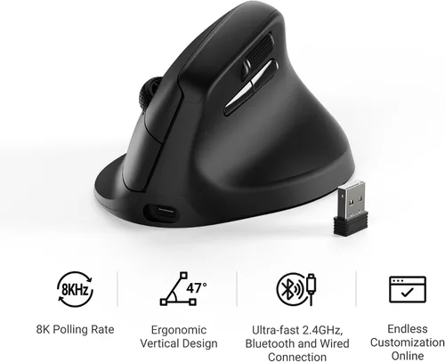 Vista 7 de Keychron Ratón Inalámbrico Ergonómico M5, 8000Hz Tri-Modo 2.4 GHz/Bluetooth 5.1/Con Cable, Sensor PixArt 3950, 30000 DPI, Ergonómico Ligero con Negro