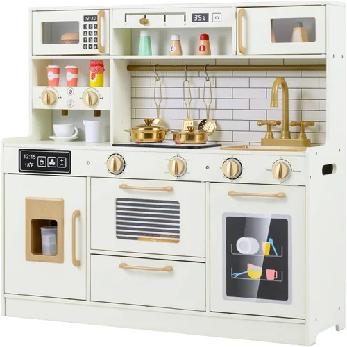 Vista 10 de INFANS Juego de cocina para niños, cocina de madera con sonido ligero realista, juguete de cocina para niños y niñas mayores de 3 años (blanco)