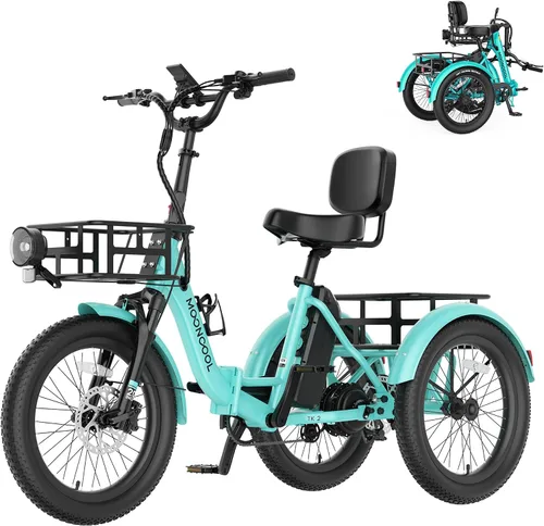 Vista 9 de MOONCOOL Triciclo eléctrico plegable para adultos, E-Trike de aluminio de 20 pulgadas con función de marcha atrás y opciones de largo alcance, Plata