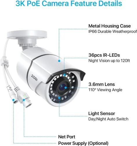 Vista 8 de ZOSI Paquete de 2 cámaras de seguridad PoE complementarias de 5MP con cables Ethernet, visión nocturna de 120 pies, IP66 resistente a la intemperie