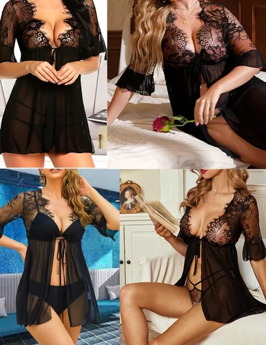 Vista 3 de Avidlove - Lencería para mujer con encaje ropa para dormir estilo Babydoll con parte frontal abierta y malla transparente
