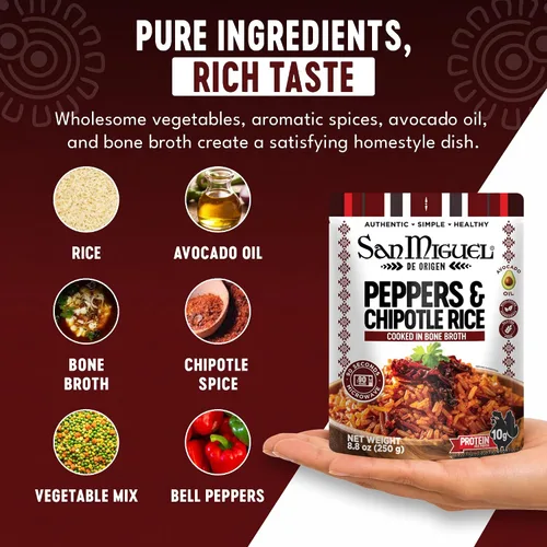 Vista 3 de San Miguel Microondas Chipotle Pimienta Arroz Pimienta, 0.35 oz Proteína Arroz con pimienta chipotle • Caldo de huesos • Aceite de aguacate • 0.35