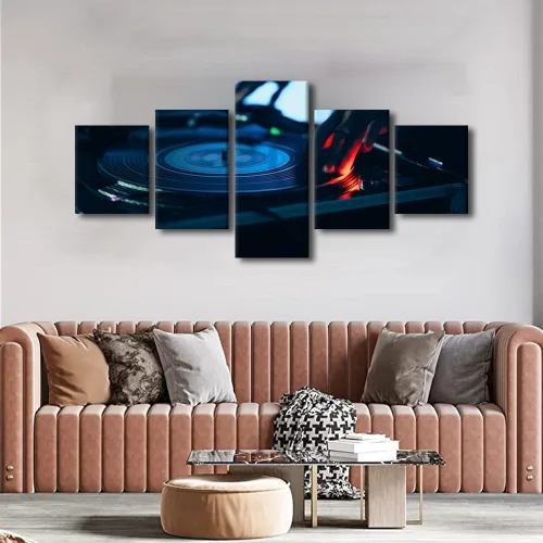 Vista 2 de Lienzo decorativo para pared, diseño de DJ Music Mixes the Track HD impreso en pinturas, 5 piezas de imágenes abstractas para sala de estar, obra
