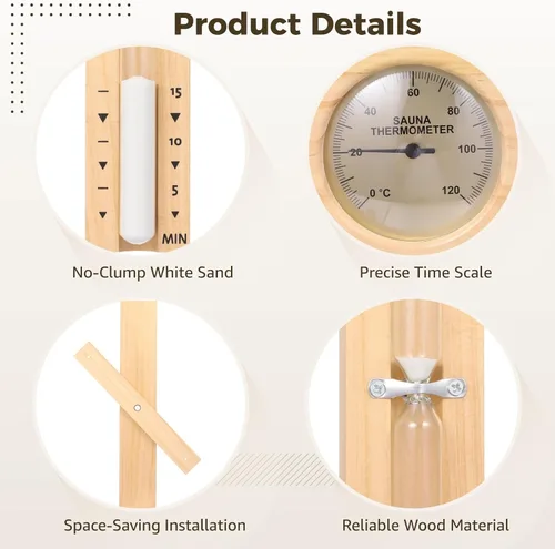 Vista 3 de Termómetro higrómetro de sauna de 2 piezas con temporizador de arena de 15 minutos, doble calibre Fahrenheit y humedad de temperatura Celsius