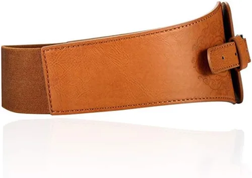 Vista 3 de YYHJM Cinturón de corsé elástico para mujer, cinturón elástico de piel sintética, cinturón de cintura elástico, Marrón