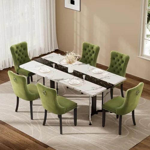 Vista 16 de Juego de mesa de comedor de 5 piezas con 4 sillas, mesa de comedor rectangular de madera de 71 pulgadas con sillas de comedor de terciopelo, tablero