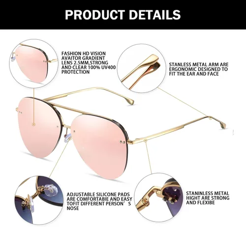 Vista 3 de Gafas de sol retro sin montura para mujer, estilo aviador, gafas de sol clásicas de gran