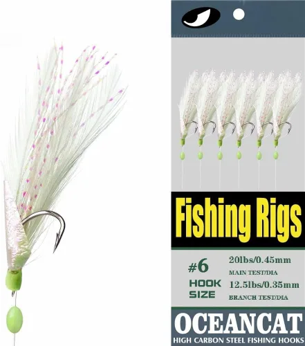 Vista 7 de 10/20/50/100 paquetes de 3 plumas y piel de pescado, 6 ganchos de aparejos de pesca de agua salada con gancho de cuerda, señuelo de señuelo para cebo