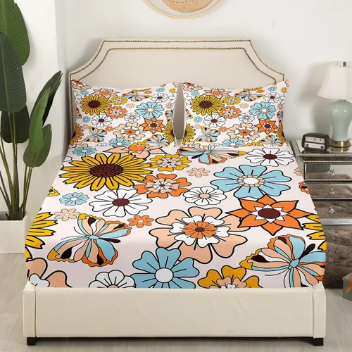 Vista 3 de Feelyou Juego de sábanas de flores hippie retro, tamaño individual, juego de sábanas de mariposa para niños y adolescentes, decoración de los años